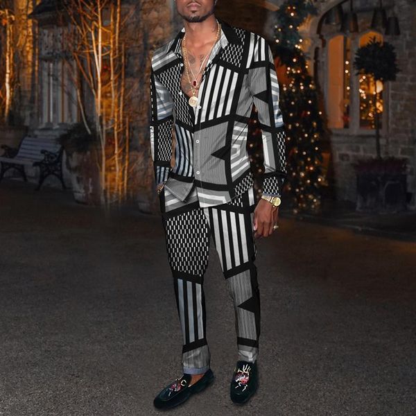 men's tracksuits autumn casual wear suit male 3dpolygonal diamond printing long-sleeved lapel button cardigan+trousers two-piece y5gy, Gray